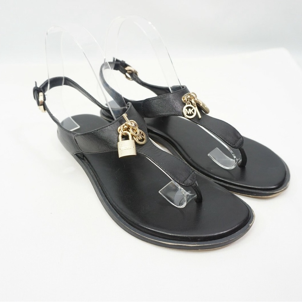 Michael Kors Leather Thong Sandals Logo Black Gold Charms Shoes women’s size 7